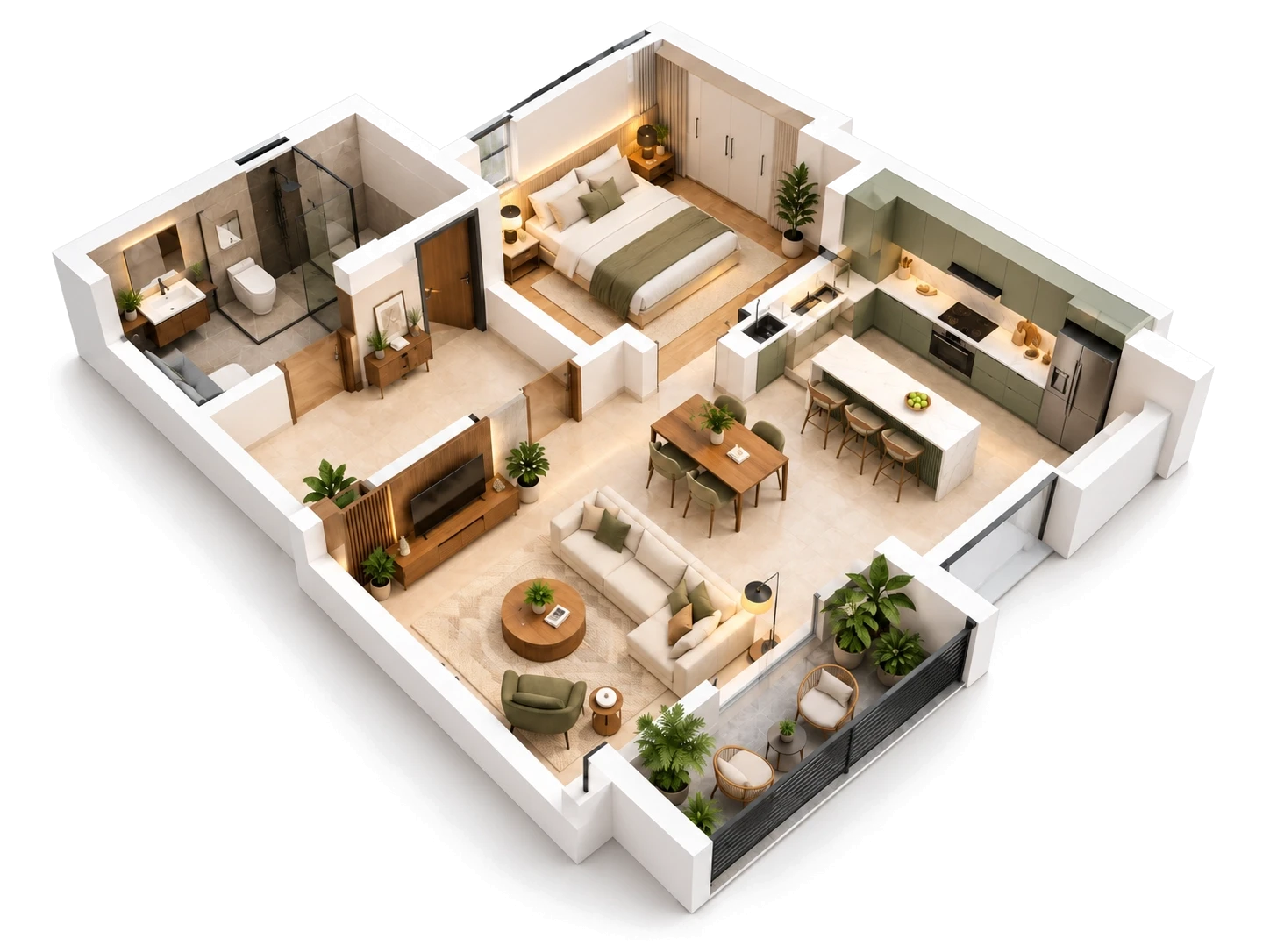 Warm Scandinavian isometric apartment cutaway 3D architectural interior visualization