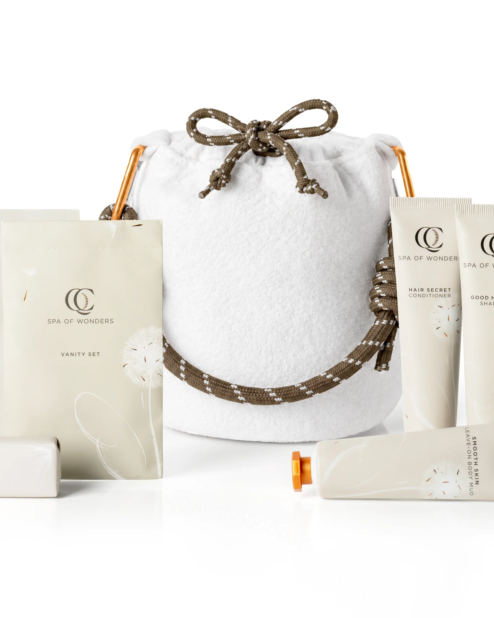 AI-generated white terrycloth bucket bag with authentic textile micro-fibers, matching cord, and studio cosmetic collection
