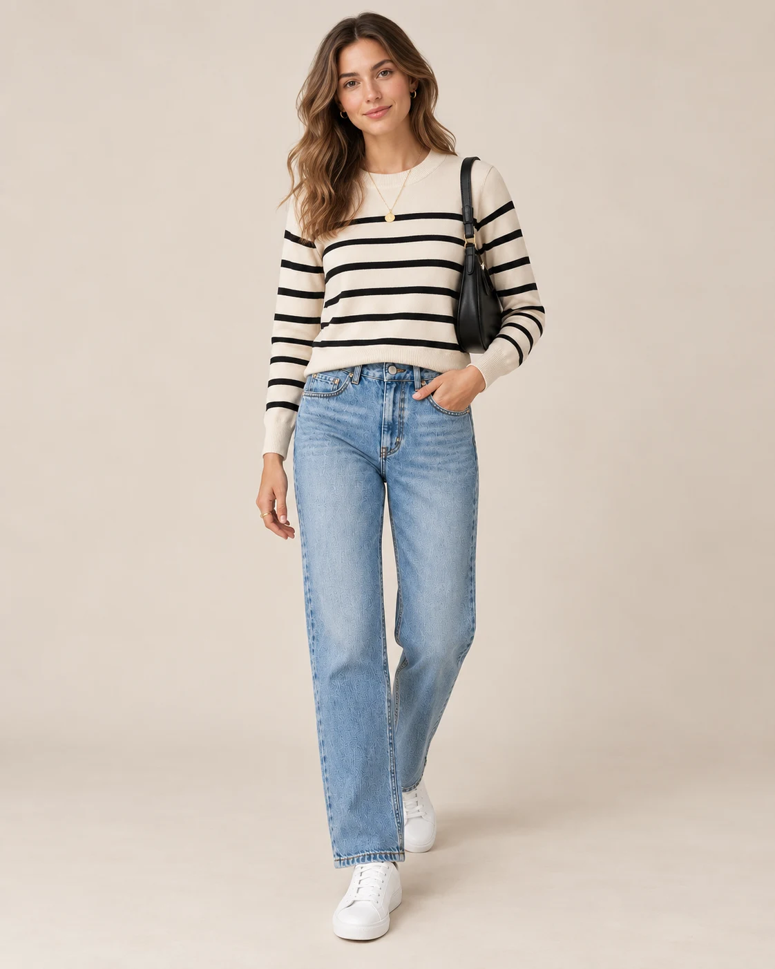 AI-generated fashion model in studio wearing a striped knit sweater and denim jeans with accessories