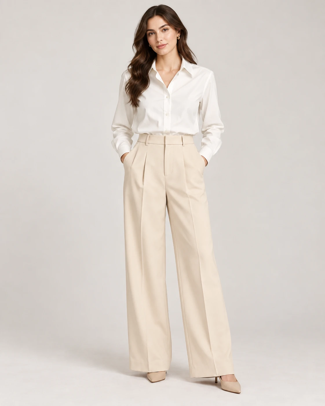 AI-styled model presenting a coordinated beige outfit with matching apparel and accessories