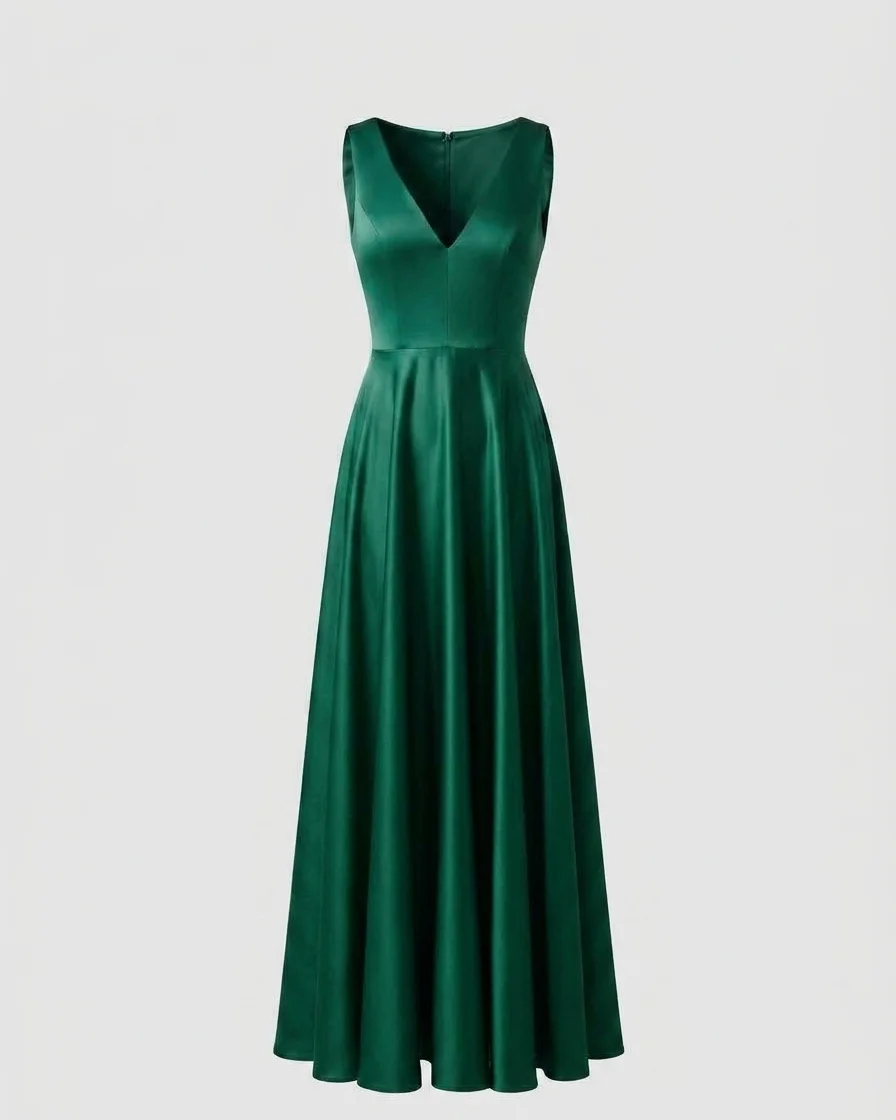 Emerald green dress presented on a ghost mannequin against a clean background