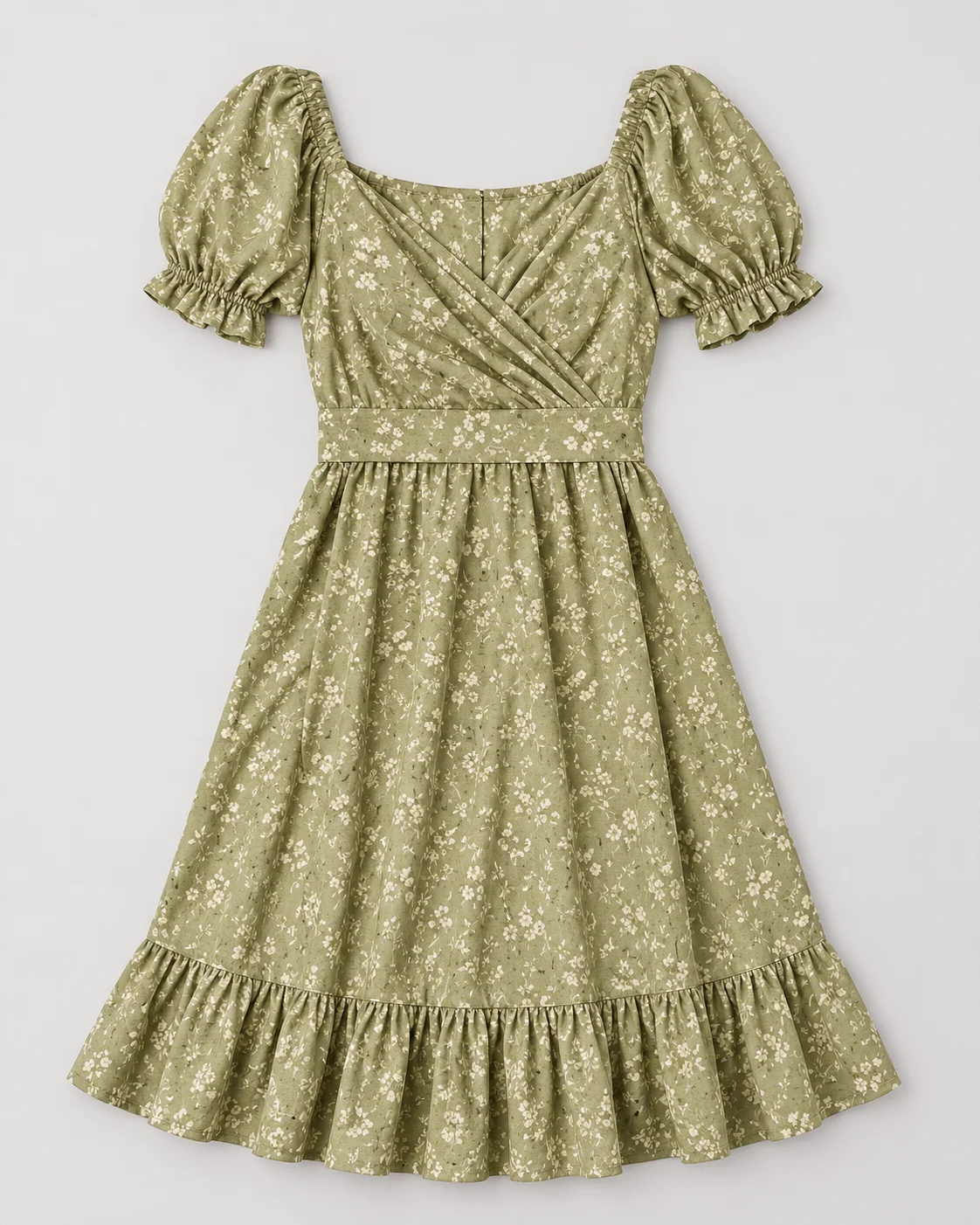 Green floral summer dress flat lay garment before AI on-model generation
