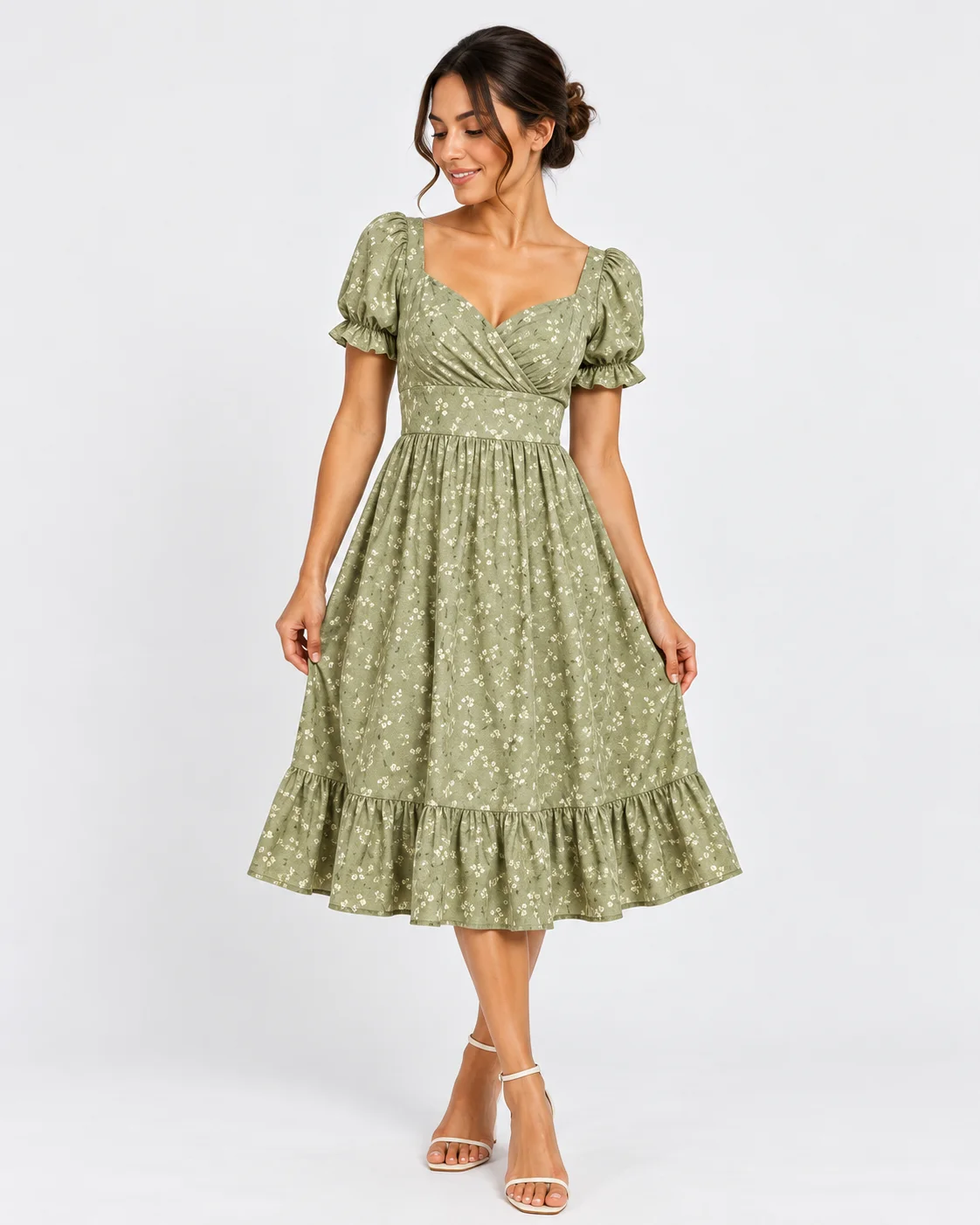 Photorealistic AI fashion model presenting the green floral dress in a bright studio environment