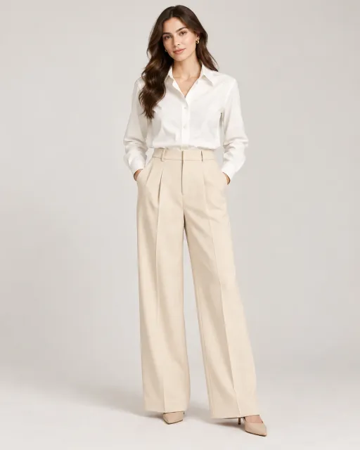 AI-styled model presenting a coordinated beige outfit with matching apparel and accessories