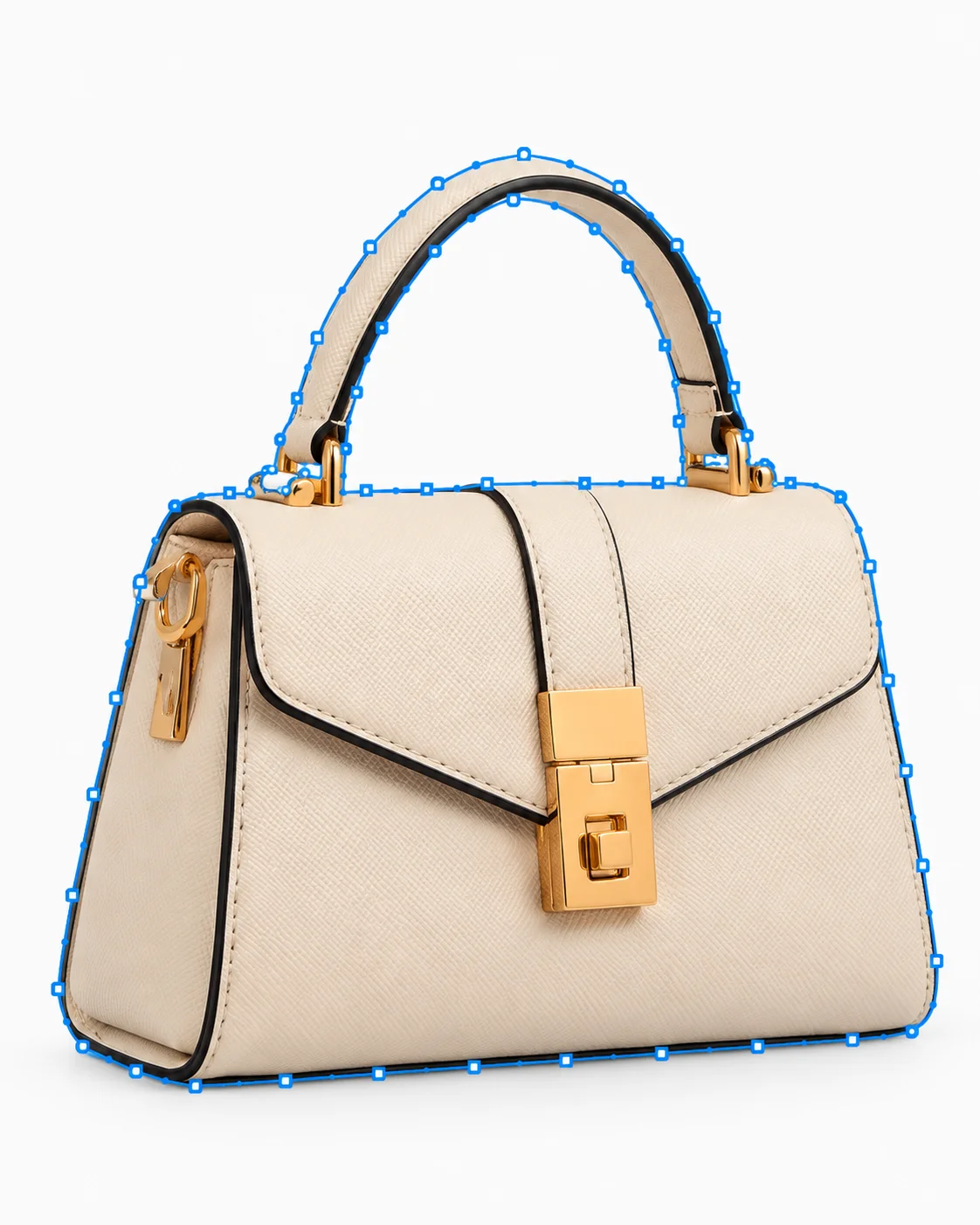 Pen-tool path examples around handbags and footwear, including close-ups of leather and stitching