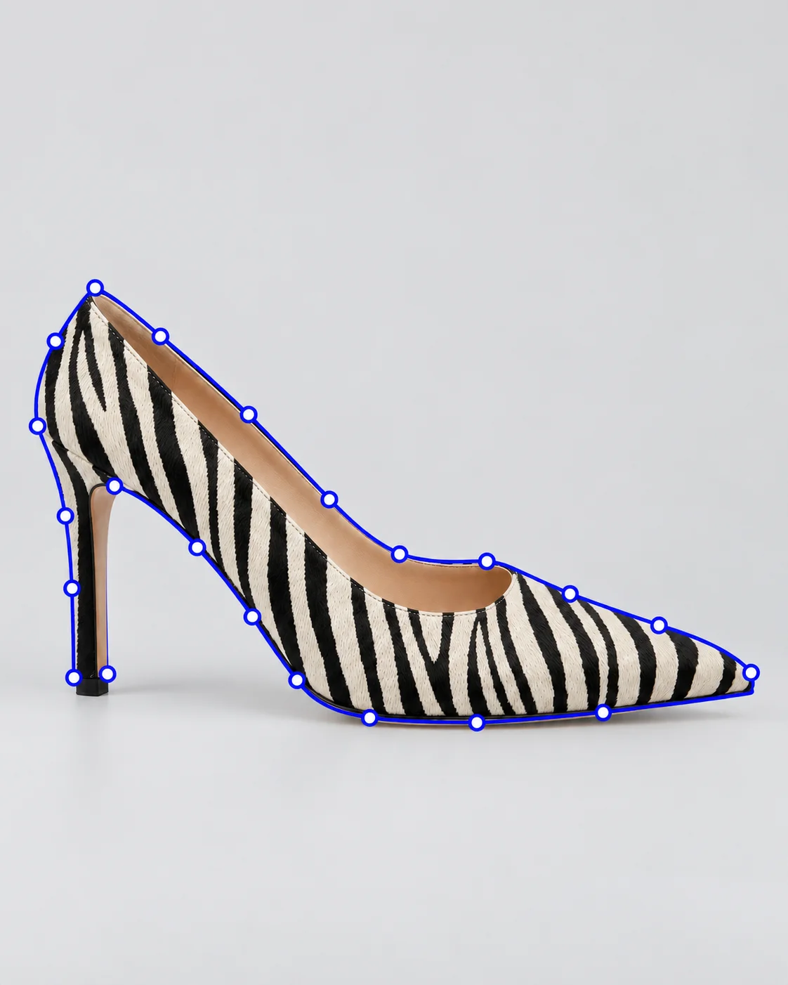Zebra-print pointed pump outlined with a precision clipping path
