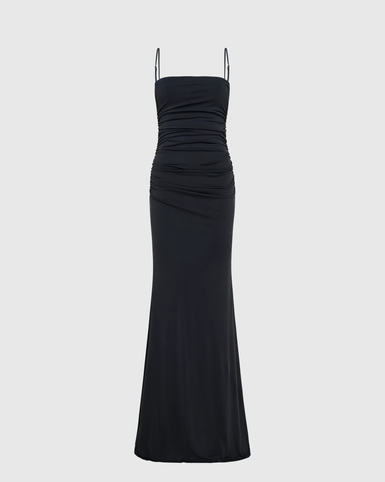 Fashion gown recolored to black colorway with authentic sheen, shadow depth, and fabric folds preserved