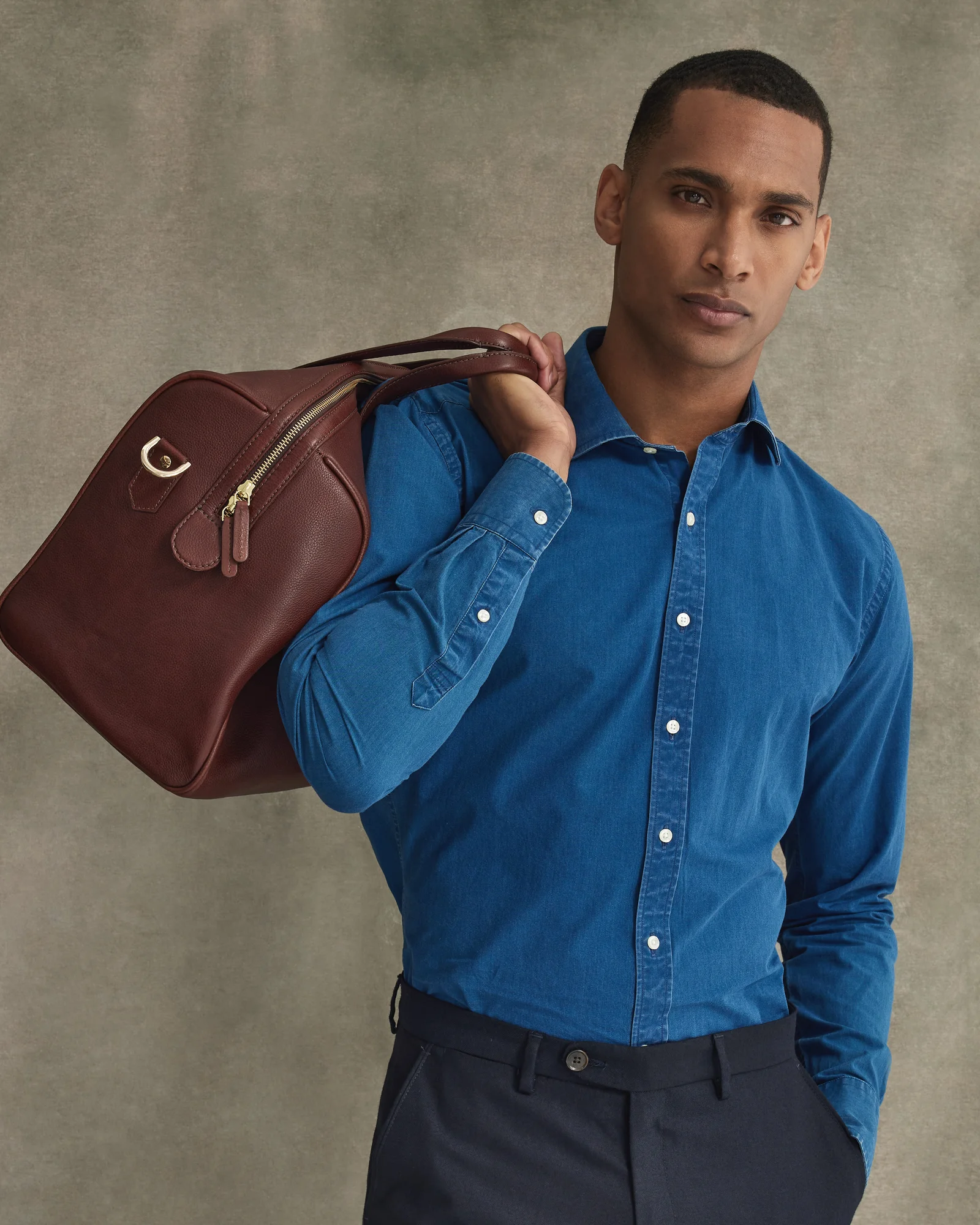 Studio fashion lookbook shot after backdrop cleanup, silhouette refinement, and color grading