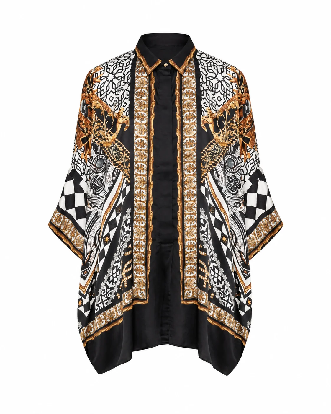 Patterned black, white, and gold batwing shirt on a clean background