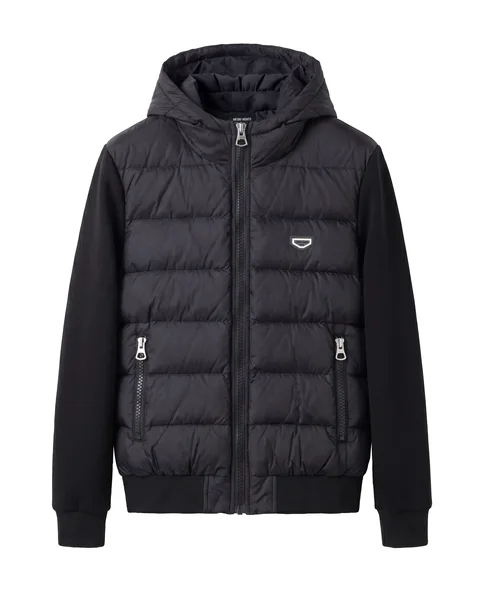 Black quilted puffer jacket styled as a clean apparel flat lay