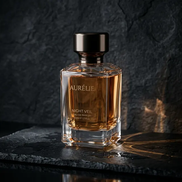 Photorealistic 3D CGI product render of a luxury glass perfume bottle