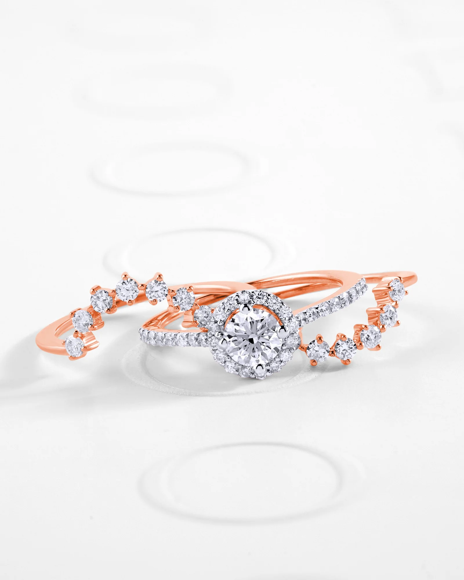 Rose gold diamond curved chevron bridal ring set
