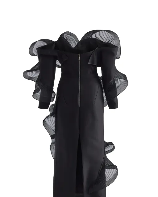 Black couture ruffle evening gown invisible ghost mannequin composite