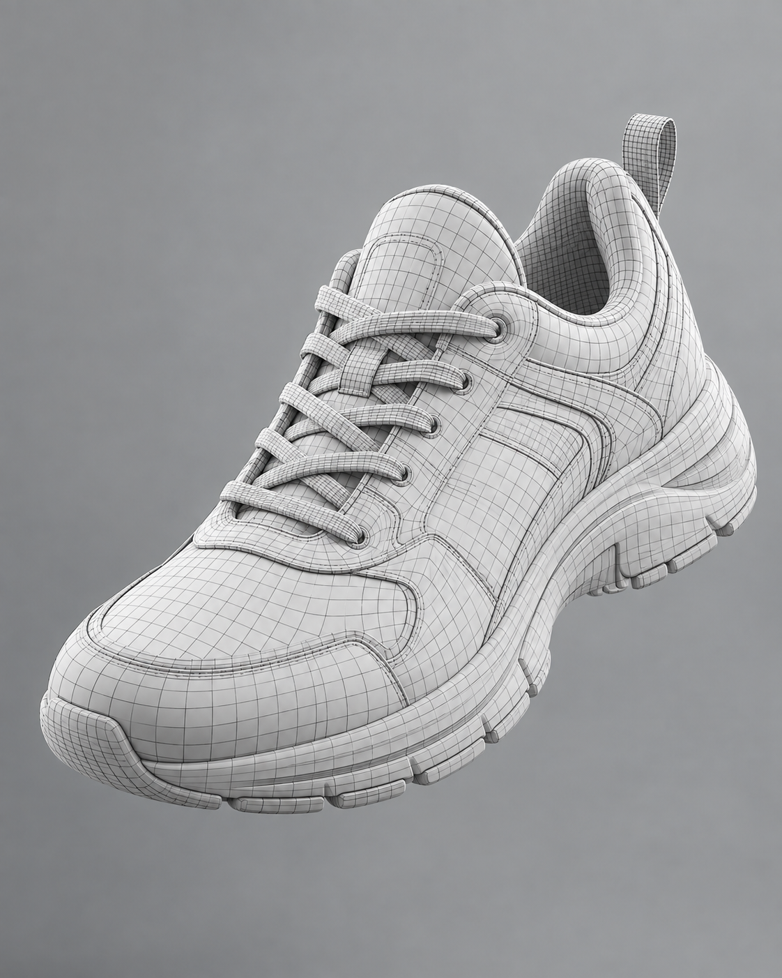 Photorealistic 3D wireframe clay sneaker render